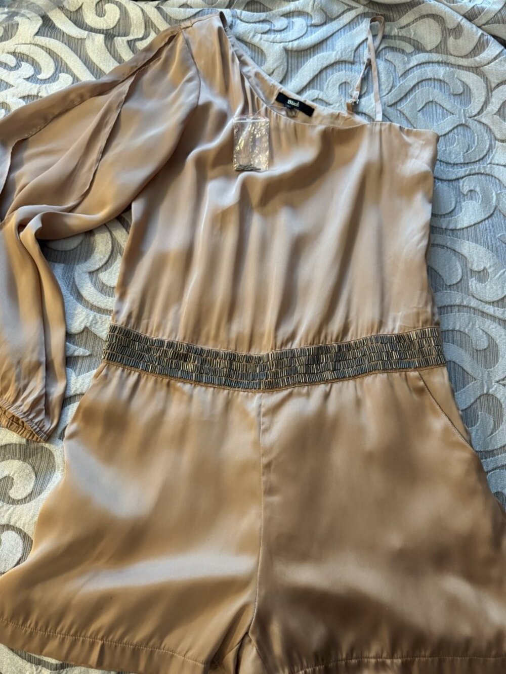 Champagne Colored Satin One Shoulder Open Arm Shorts Romper Beaded Waist Medium